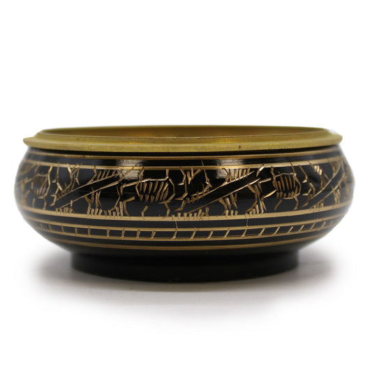 Compact Brass Carved Incense Jar with Mesh Lid - Charcoal & Herbs, showcasing intricate carvings and a rich finish, perfect for enhancing your home fragrance. This stylish incense jar is an ideal Christmas gift for those who appreciate scented experiences.