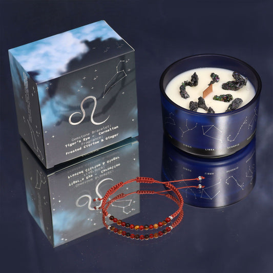 Zodiac Crystal Candle with Gemstone Bracelet - Leo, featuring a beautiful blue candle, adorned with gemstones, emanating the warm scents of Frosted Citrine and Ginger. Perfect for creating a cosy atmosphere, this captivating scent blend makes an ideal Christmas Gift Home Fragrance.