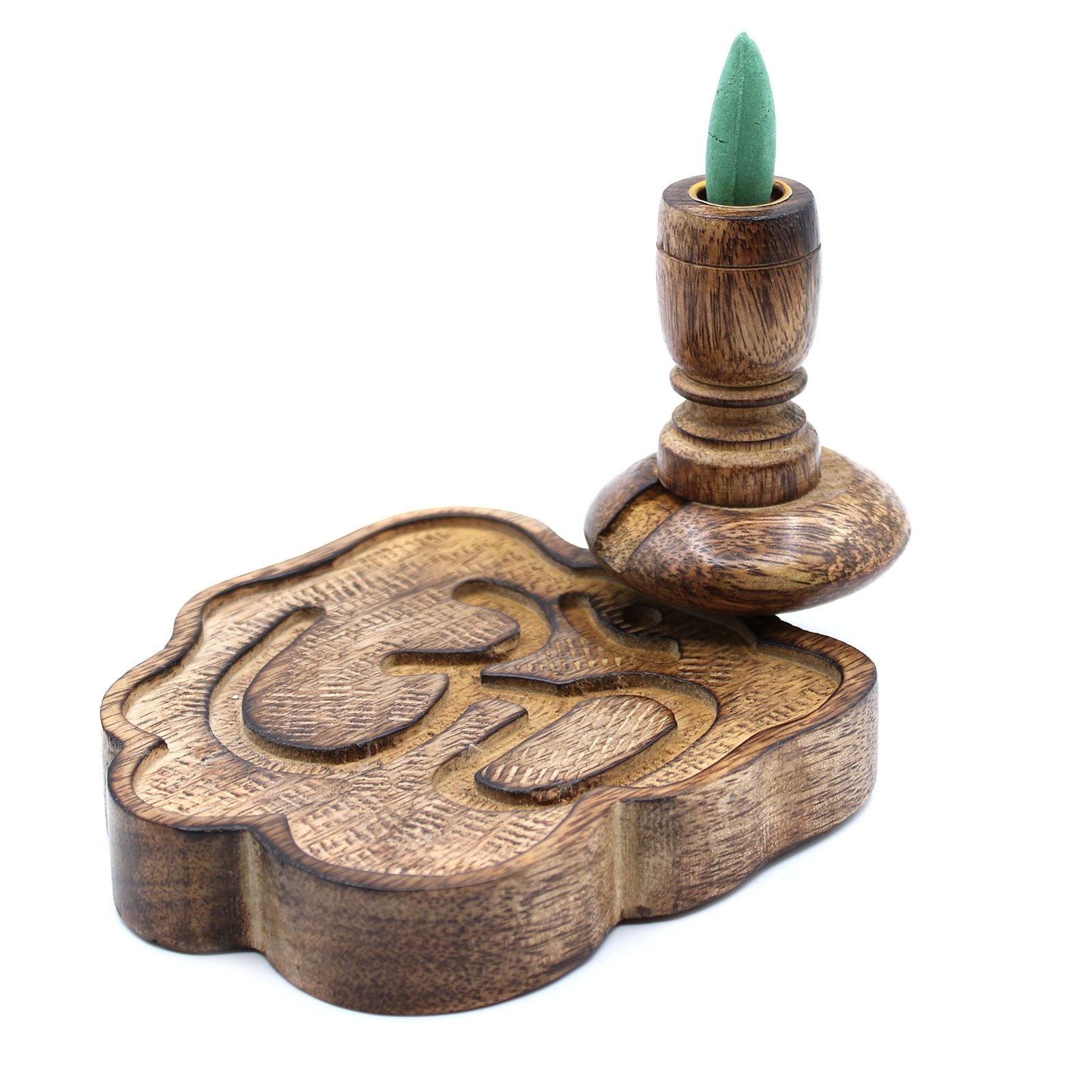 The Sm Mango Wood Backflow Burner - Ohm with a green incense cone placed on top, creating a beautiful aesthetic for home decoration. Perfect for gifting during the festive season. {{scent}} {{product_type}} – Christmas Gift Home Fragrance.