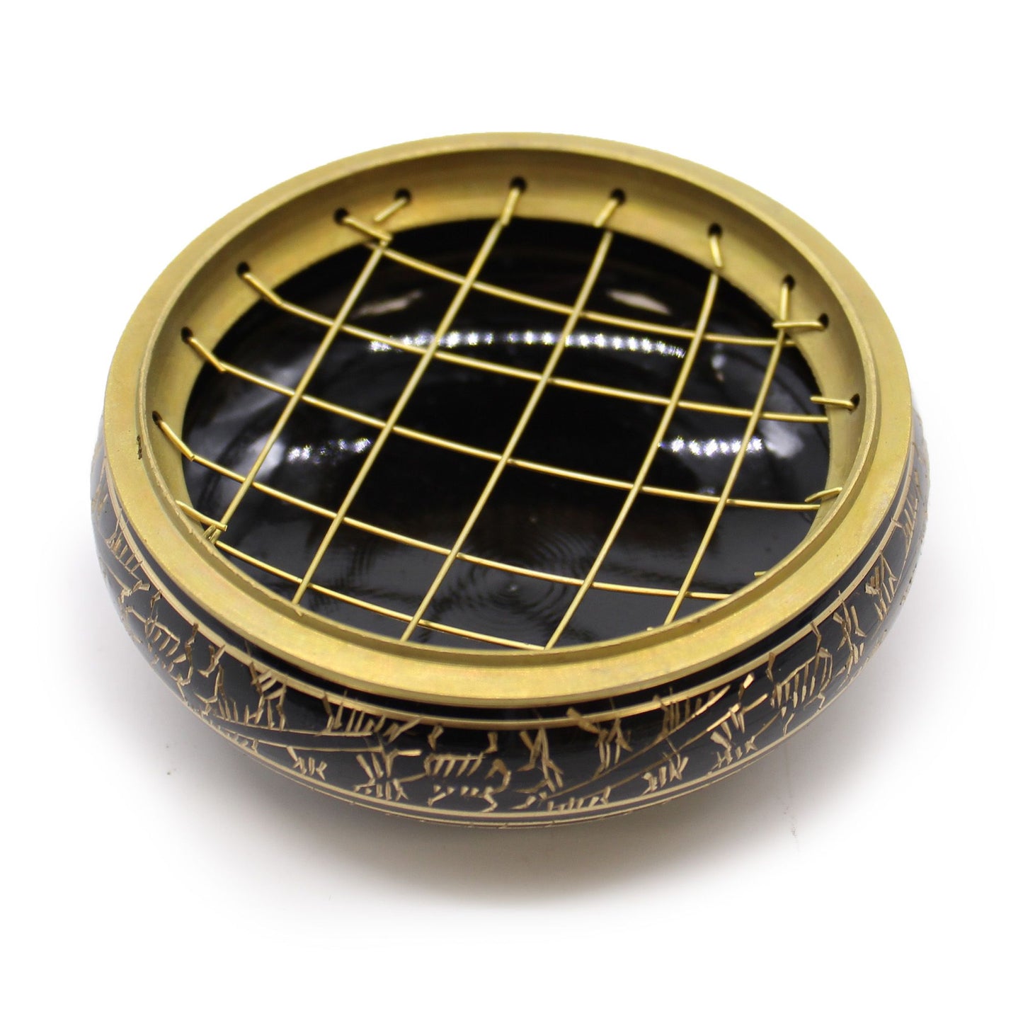 Compact Brass Carved Incense Jar with Mesh Lid - Charcoal & Herbs displayed from above, showcasing its intricate design. Perfect for enhancing home aromatics, this {{scent}} {{product_type}} is an ideal Christmas Gift for Home Fragrance enthusiasts.
