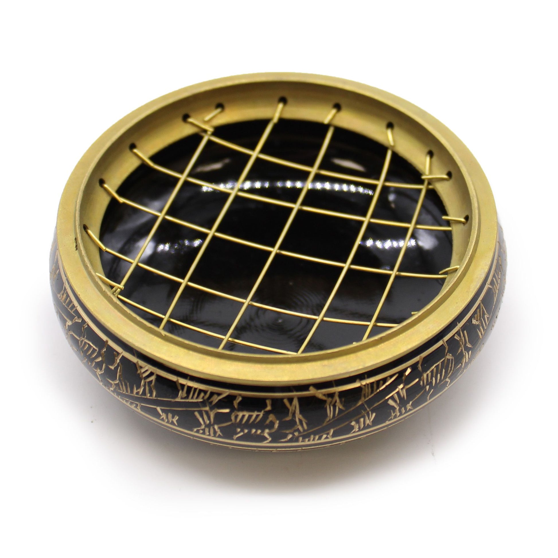 Compact Brass Carved Incense Jar with Mesh Lid - Charcoal & Herbs displayed from above, showcasing its intricate design. Perfect for enhancing home aromatics, this {{scent}} {{product_type}} is an ideal Christmas Gift for Home Fragrance enthusiasts.