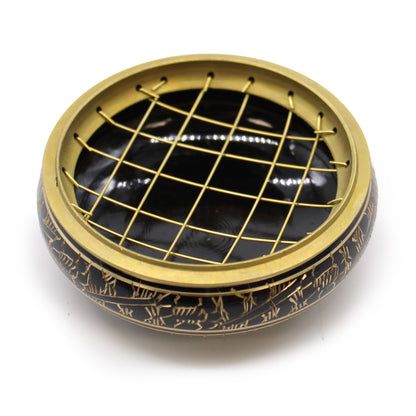 Compact Brass Carved Incense Jar with Mesh Lid - Charcoal & Herbs displayed from above, showcasing its intricate design. Perfect for enhancing home aromatics, this {{scent}} {{product_type}} is an ideal Christmas Gift for Home Fragrance enthusiasts.
