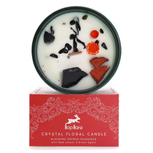 Hop Hare Magic Flower Candle with Tarot Card showcases a beautifully crafted design featuring Red Jasper and Black Agate, perfect for creating a festive atmosphere. This scented candle, ideal as a Christmas gift home fragrance, includes enchanting dry flowers, enhancing any space with its captivating aroma and unique charm.