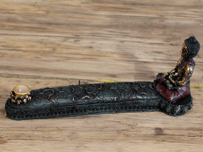 Antique Buddha Incense Burner & Box on display, highlighting its artistic design and tranquil presence, perfect for enhancing your home with soothing scents. An excellent choice for Christmas gift home fragrance.