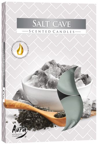Set of 6 Salt Cave Scented Tealights – Ideal for Home Décor, featuring a beautifully designed box with salt crystals and a bowl, perfect as a Christmas gift and home fragrance.