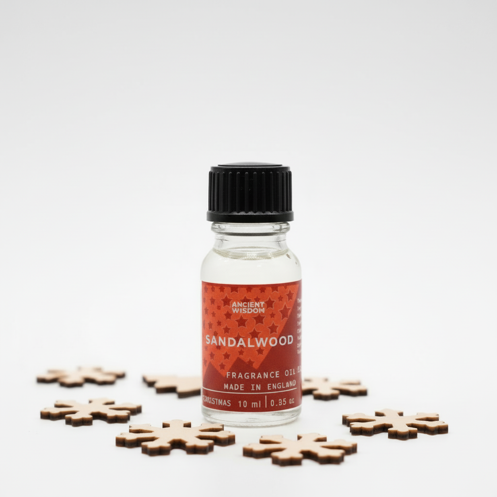 10ml Sandalwood Fragrance Oil - Long Lasting Scent for Diffusers & Candles, showcasing the elegant bottle design with a warm earthy colour.