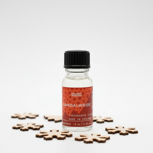 10ml Sandalwood Fragrance Oil - Long Lasting Scent for Diffusers & Candles, showcasing the elegant bottle design with a warm earthy colour.