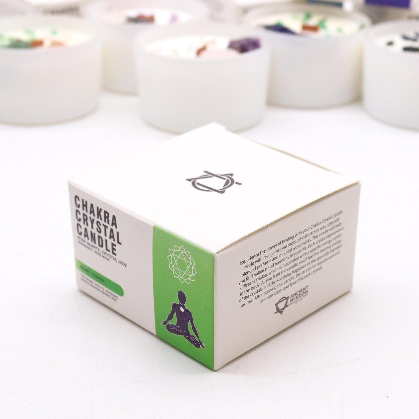 Heart Chakra Rose Musk Candle packaging, featuring a clean design that highlights its chakra essence, perfect as a soothing gift. A fantastic Christmas present for home fragrance enthusiasts.