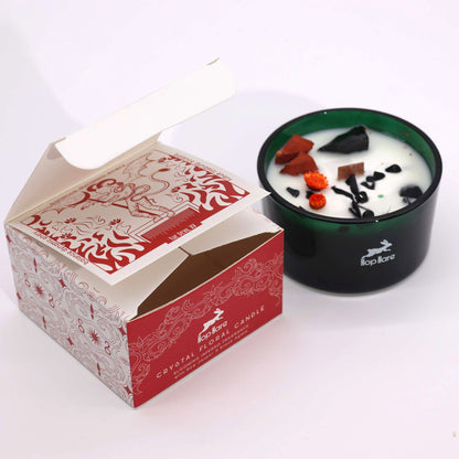 Hop Hare Magic Flower Candle with Tarot Card in an elegant green glass jar, surrounded by its beautifully designed packaging, perfect for a mystical atmosphere. The candle features an enchanting floral aroma, making it an ideal Christmas gift home fragrance.