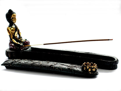 Antique Buddha Incense Burner & Box showcasing an ornate Buddha figurine with an incense stick, perfect for enhancing home decor. This piece creates a calming atmosphere, ideal for relaxation and self-care, making it a thoughtful Christmas gift for home fragrance lovers.