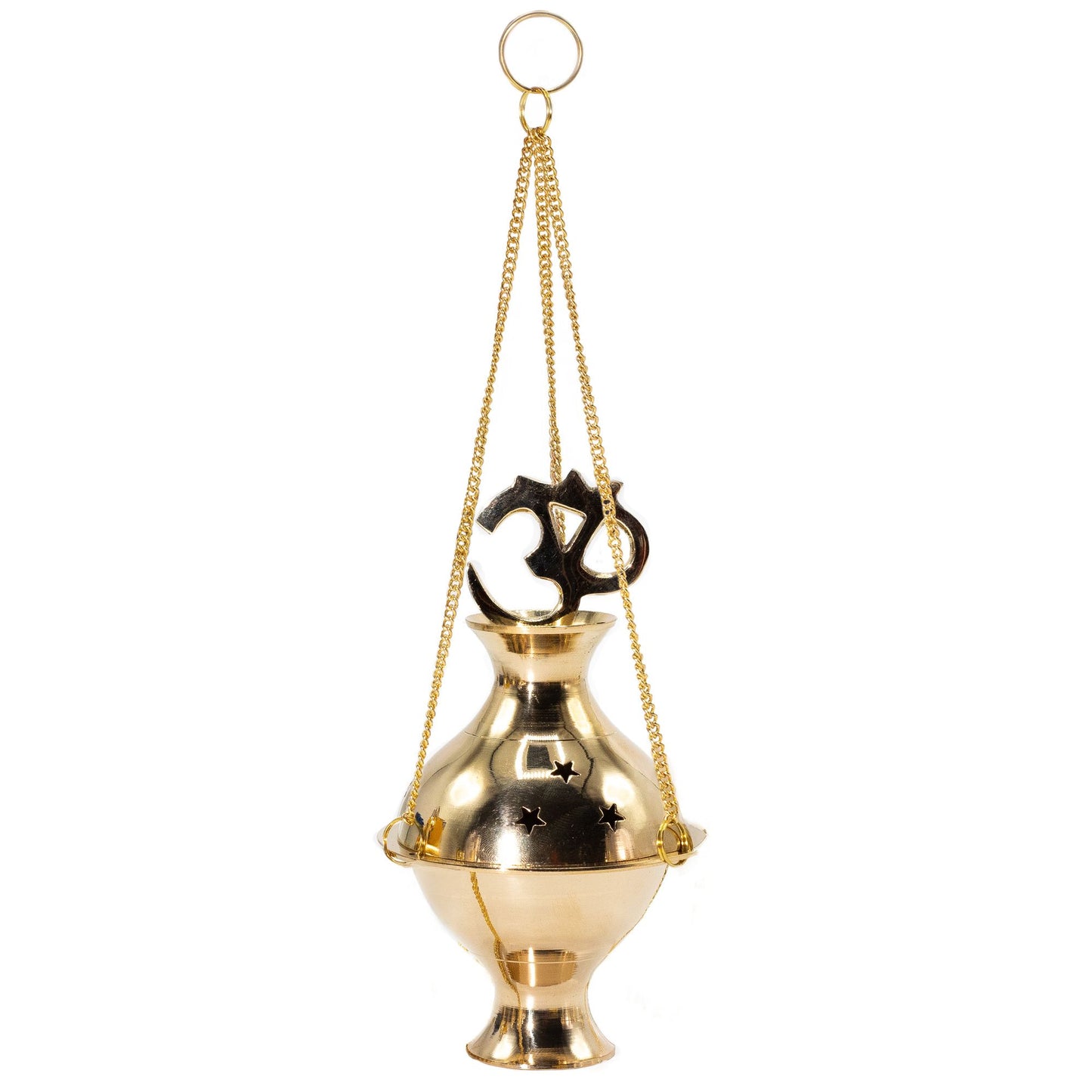Hanging Brass Om Incense Burner, a beautiful handmade Indian decor piece. This elegant burner features the sacred Om symbol and is designed to enhance your meditation experience, making it a perfect Christmas gift for home fragrance enthusiasts.