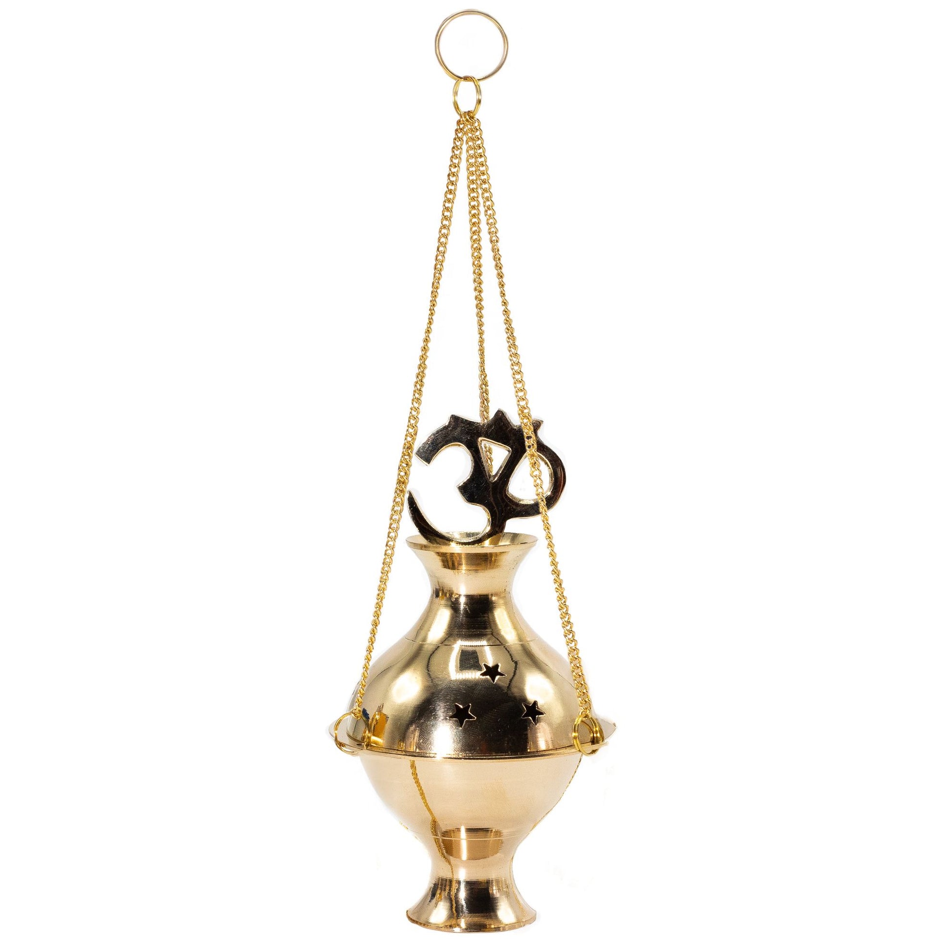 Hanging Brass Om Incense Burner, a beautiful handmade Indian decor piece. This elegant burner features the sacred Om symbol and is designed to enhance your meditation experience, making it a perfect Christmas gift for home fragrance enthusiasts.