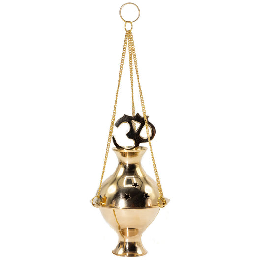Hanging Brass Om Incense Burner, a beautiful handmade Indian decor piece. This elegant burner features the sacred Om symbol and is designed to enhance your meditation experience, making it a perfect Christmas gift for home fragrance enthusiasts.