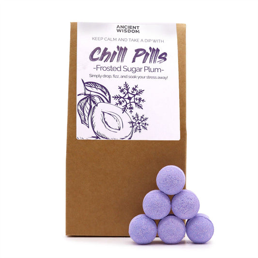 Frosted Sugar Plum Chill Pills Gift Pack featuring mini purple bath bombs, perfect for a festive bath experience. Ideal as a Christmas gift for home fragrance lovers.