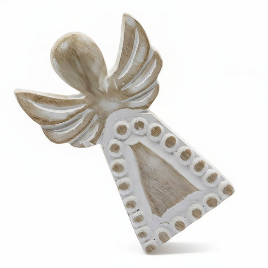 Rustic Whitewashed Mango Wood Angel - Hand-Carved Home Decor. A charming angel figurine with intricate details, perfect for festive Christmas decorations and a thoughtful gift option.