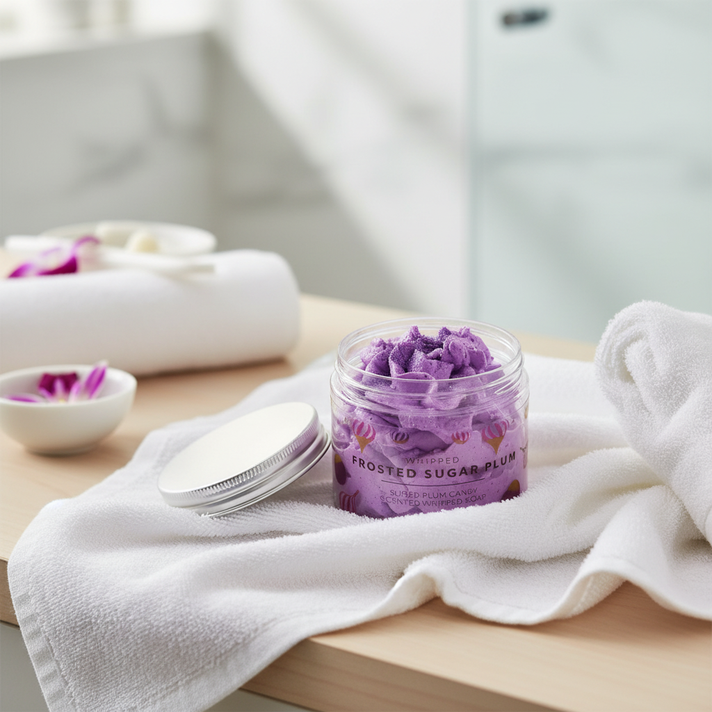 Frosted Sugar Plum Whipped Soap 120g - Sparkling glimmers highlighting the festive appeal of this luxurious frosted sugar plum soap.