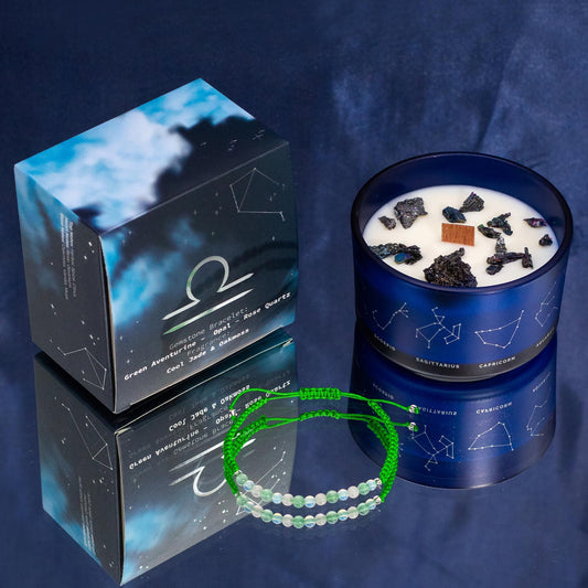 Zodiac Crystal Candle with Gemstone Bracelet - Libra featuring a blue candle adorned with gemstones and a Green Aventurine bracelet, creating a soothing atmosphere with cool Jade and Oakmoss scent â€“ Christmas Gift Home Fragrance.