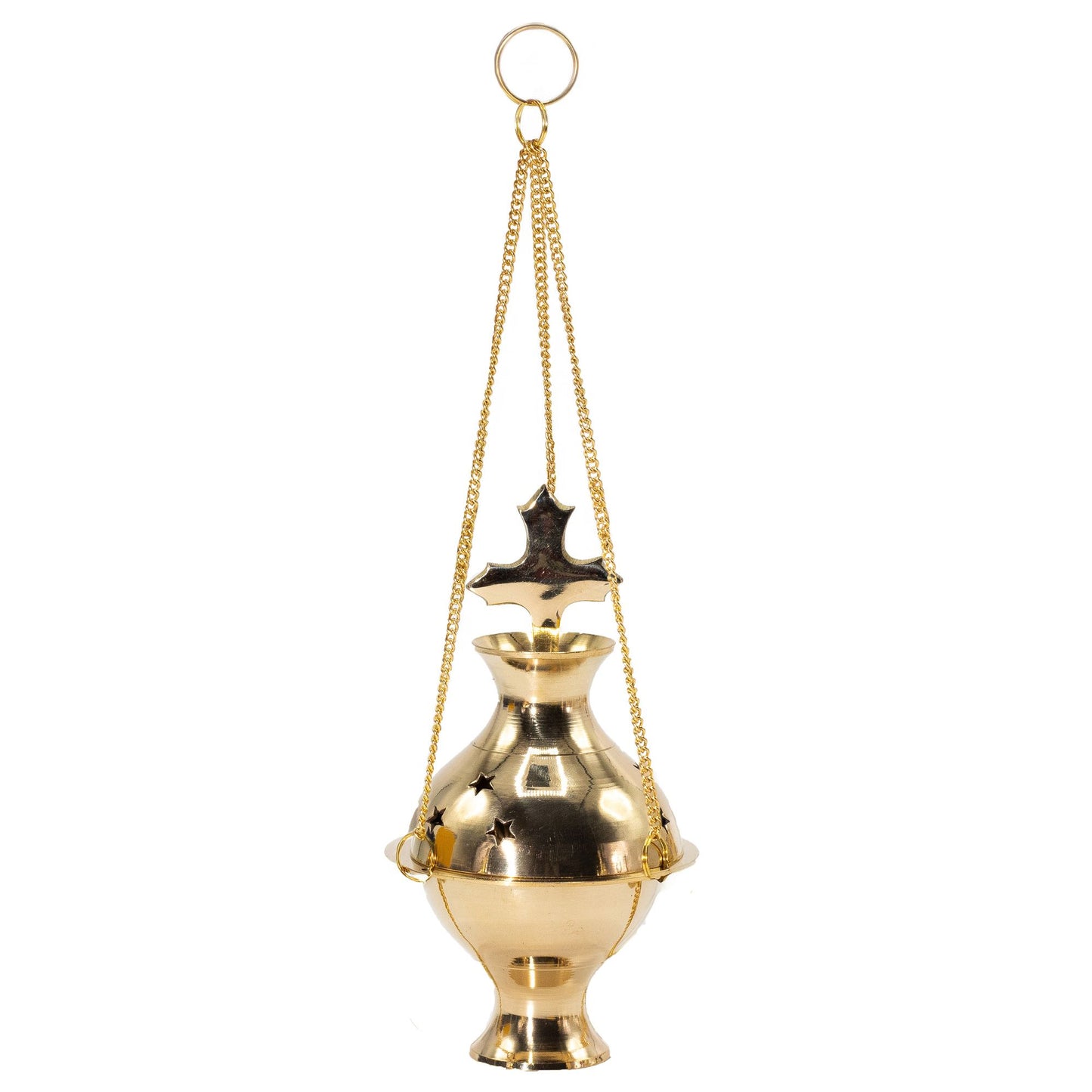 Hanging Brass Incense Burner With Cross & Star Cut-Outs – a beautiful handmade incense burner crafted from polished brass, perfect for creating a calming ambience. This unique piece, suspended on three golden chains, makes an ideal Christmas gift and enhances home fragrance.