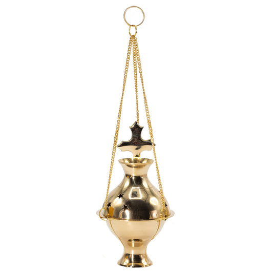 Hanging Brass Incense Burner With Cross & Star Cut-Outs – a beautiful handmade incense burner crafted from polished brass, perfect for creating a calming ambience. This unique piece, suspended on three golden chains, makes an ideal Christmas gift and enhances home fragrance.