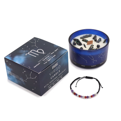 Zodiac Crystal Candle with Gemstone Bracelet - Virgo featuring the luxurious candle and elegant packaging. With its aromatic blend of Tree Agate and Oud, this candle-bracelet combo is an ideal choice for a thoughtful Christmas Gift in Home Fragrance.