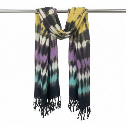 Close-up view of the Colourful Boho Multicolour Striped Art Stole Scarf, highlighting the premium linen-rayon blend, a perfect boho multicolour scarf.
