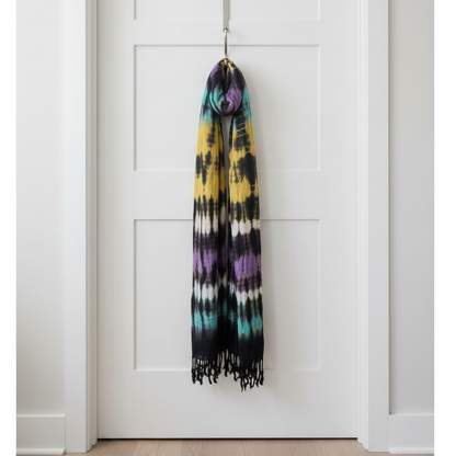 Model wearing the Colourful Boho Multicolour Striped Art Stole Scarf 62x200cm, demonstrating versatile styling options as a fashionable boho multicolour scarf.
