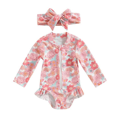 Baby Girls Strawberry Swimsuit | Long Sleeve Rash Guard with Sun Hat - Cake Pops Parties