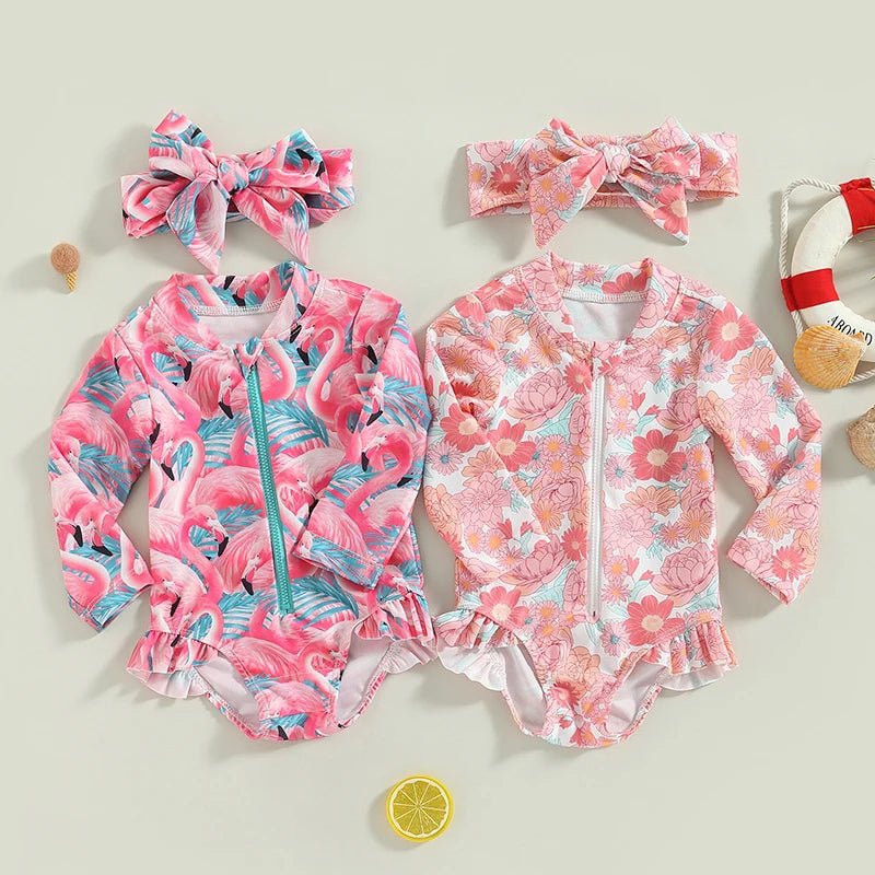 Baby Girls Strawberry Swimsuit | Long Sleeve Rash Guard with Sun Hat - Cake Pops Parties