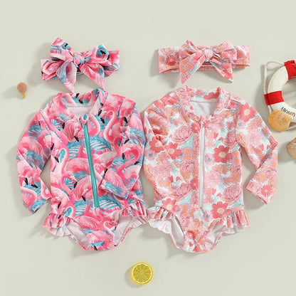 Baby Girls Strawberry Swimsuit | Long Sleeve Rash Guard with Sun Hat - Cake Pops Parties