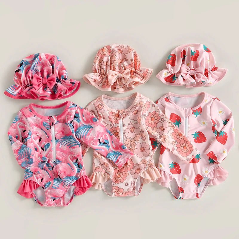 Baby Girls Strawberry Swimsuit | Long Sleeve Rash Guard with Sun Hat - Cake Pops Parties