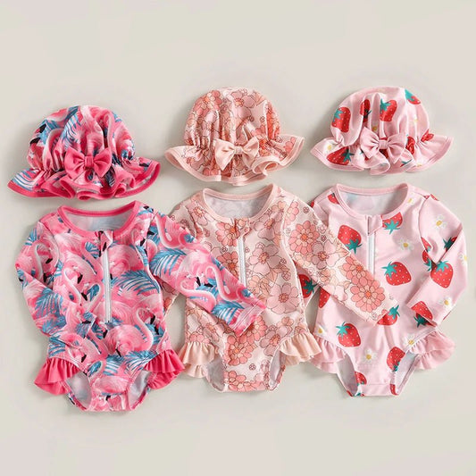 Baby Girls Strawberry Swimsuit | Long Sleeve Rash Guard with Sun Hat - Cake Pops Parties