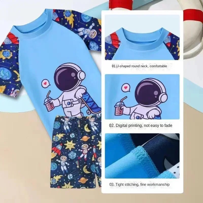 Boys Astronaut Two - Piece Swimsuit Set | Quick - Dry Teenage Swim Cap - Cake Pops Parties