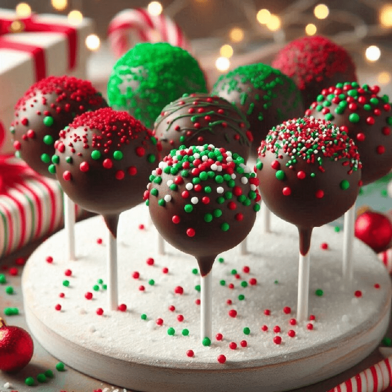 Christmas cake pops with milk chocolate coating and chocolate sprinkles - perfect for holiday celebrations