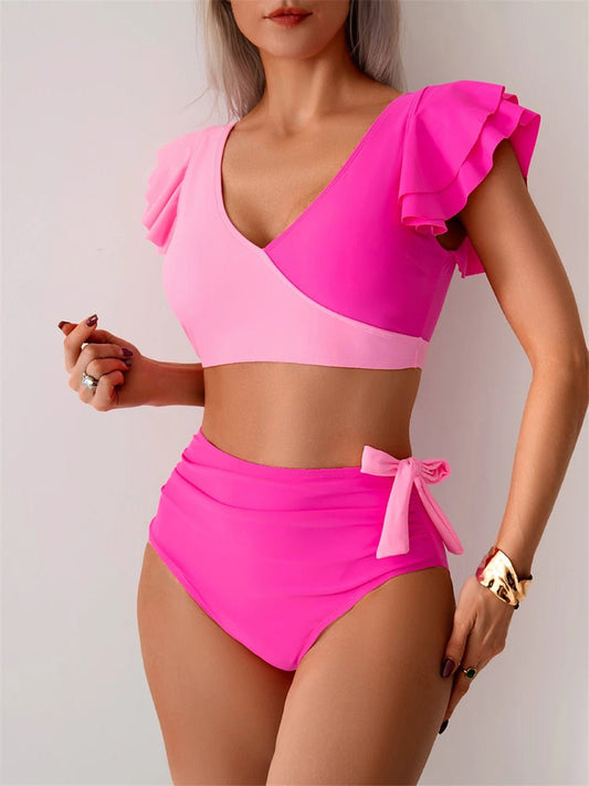 Colorful Patchwork Bikini Set with Ruffle Trim | 2 - Piece Beach Swimsuit - Cake Pops Parties