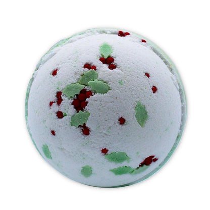 Close-up of Holly Berry & Mistletoe Christmas Bath Bomb, showcasing vibrant colours and textures, ideal for those seeking relaxing and moisturizing bath bombs.