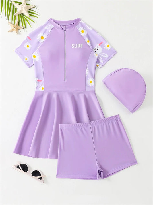 Girls 3 - Piece Set - Short Sleeve Dress & Shorts Beach Bathing Suit - Cake Pops Parties