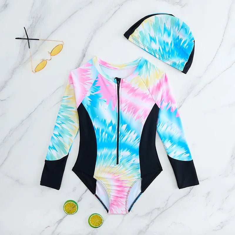 Girls Long Sleeve One Piece Swimsuit | Patchwork Surf Set with Cap - Cake Pops Parties