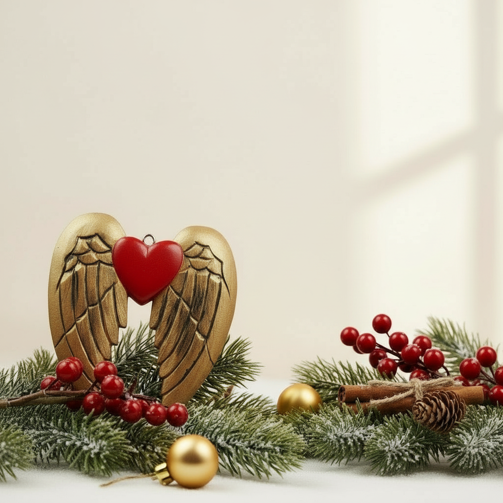 Gold angel wing standing on Christmas decor