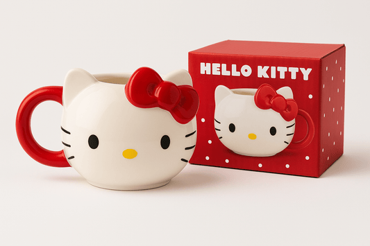 Hello Kitty Mug Gift Set displayed in a charming red polka dot box, featuring the official Sanrio logo, perfect for collectors and kawaii enthusiasts.