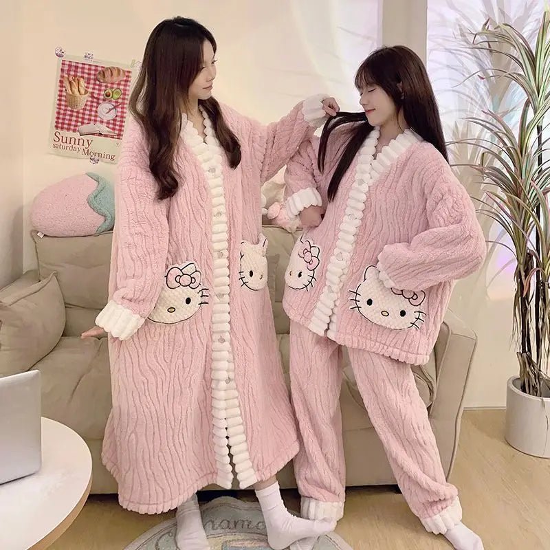 Hello Kitty Y2K Coral Velvet Pajamas | Girls Long - Sleeve Bathrobe Set - Cake Pops Parties