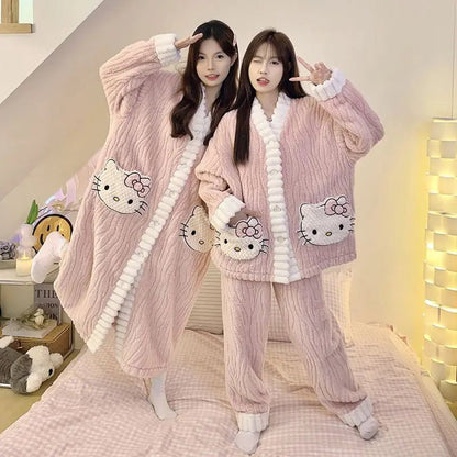 Hello Kitty Y2K Coral Velvet Pajamas | Girls Long - Sleeve Bathrobe Set - Cake Pops Parties