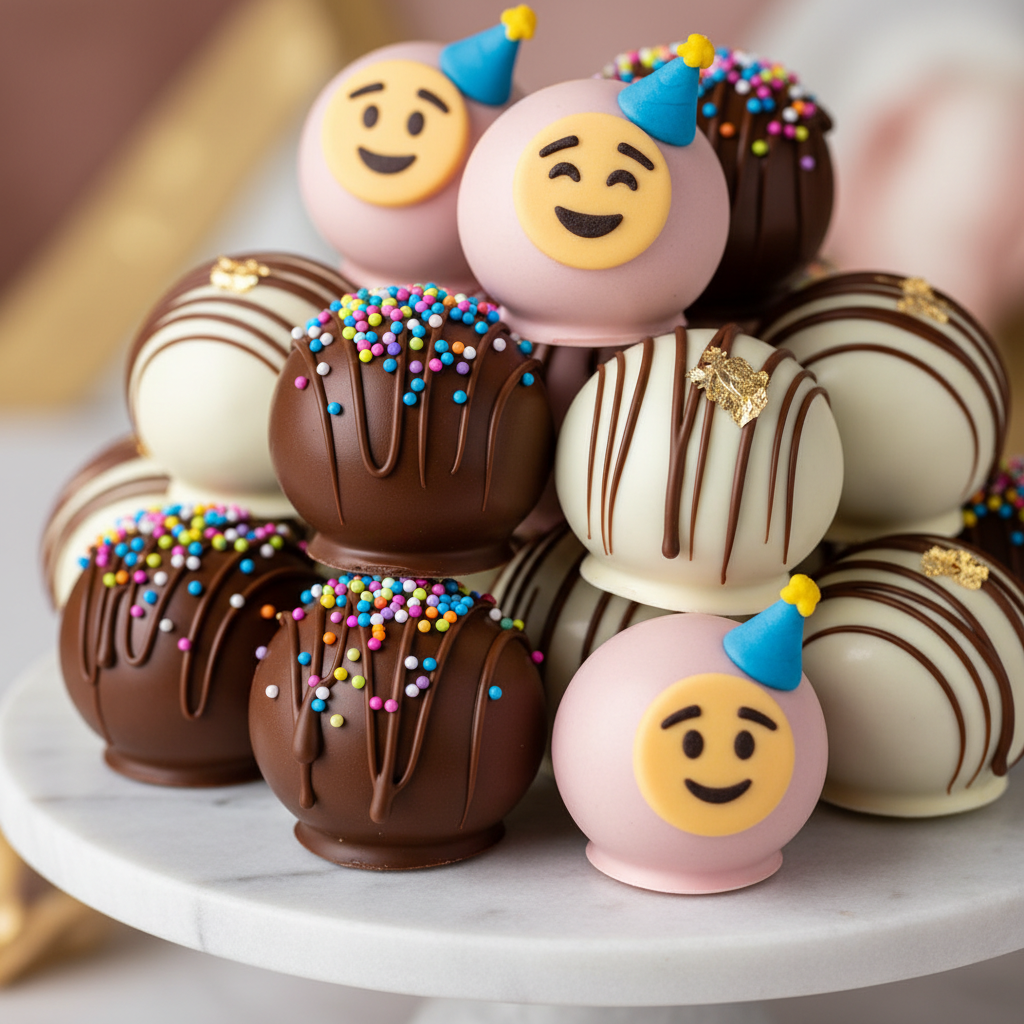Close-up detail of Party Pack Deluxe showing variety of cake pop designs with sprinkles, chocolate coating and decorations