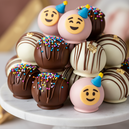 Close-up detail of Party Pack Deluxe showing variety of cake pop designs with sprinkles, chocolate coating and decorations