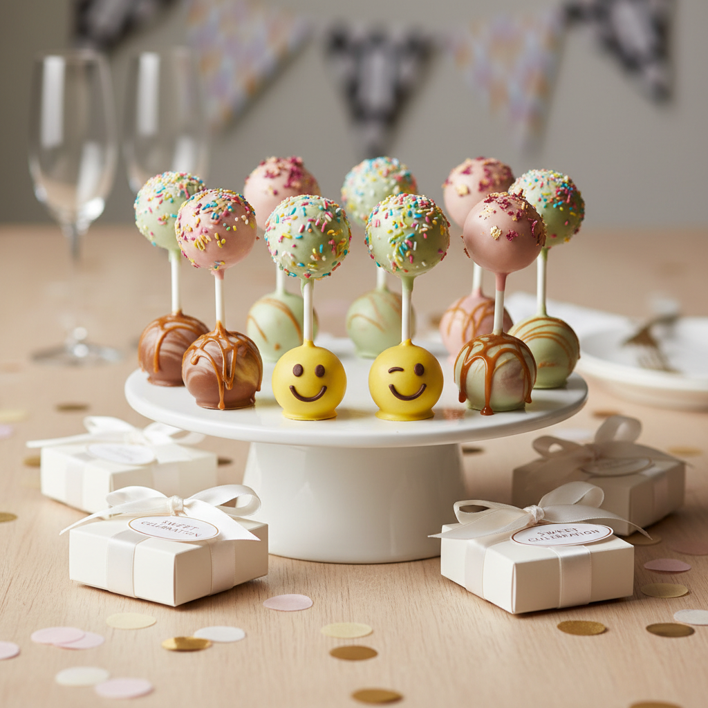 Party Pack Deluxe cake pops lifestyle shot for office celebrations and special occasions with elegant table setting
