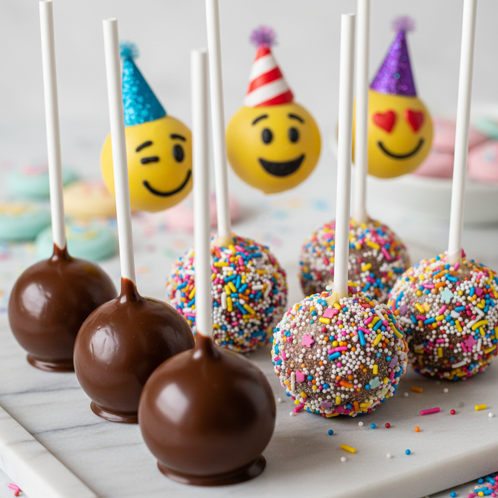 Close-up detail of Celebration Mix cake pops showing chocolate coating, colorful sprinkles and emoji party decorations