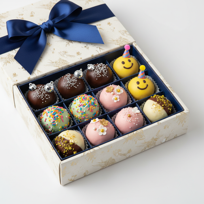 Party Pack Deluxe Bundle - 12 handcrafted cake pops with luxury gift wrap including party, vegan, emoji and chocolate varieties