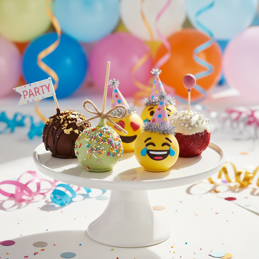 Celebration Mix cake pops lifestyle shot for birthday party or office celebration with festive balloons and confetti
