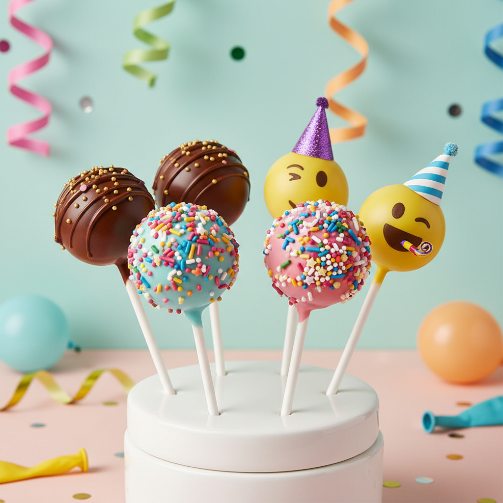 Celebration Mix Bundle - 6 handcrafted cake pops with party chocolate, vegan sprinkles and emoji party hat designs