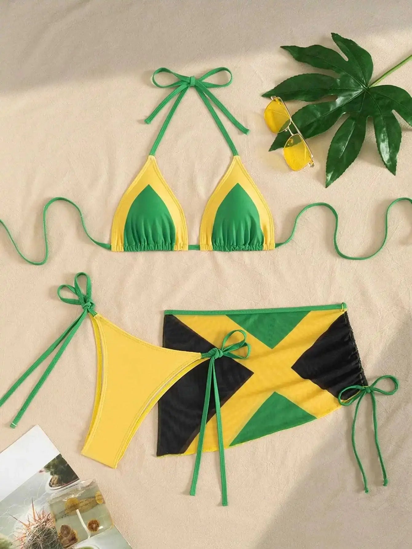 Jamaican flag three piece bikini set with triangle top and skirt