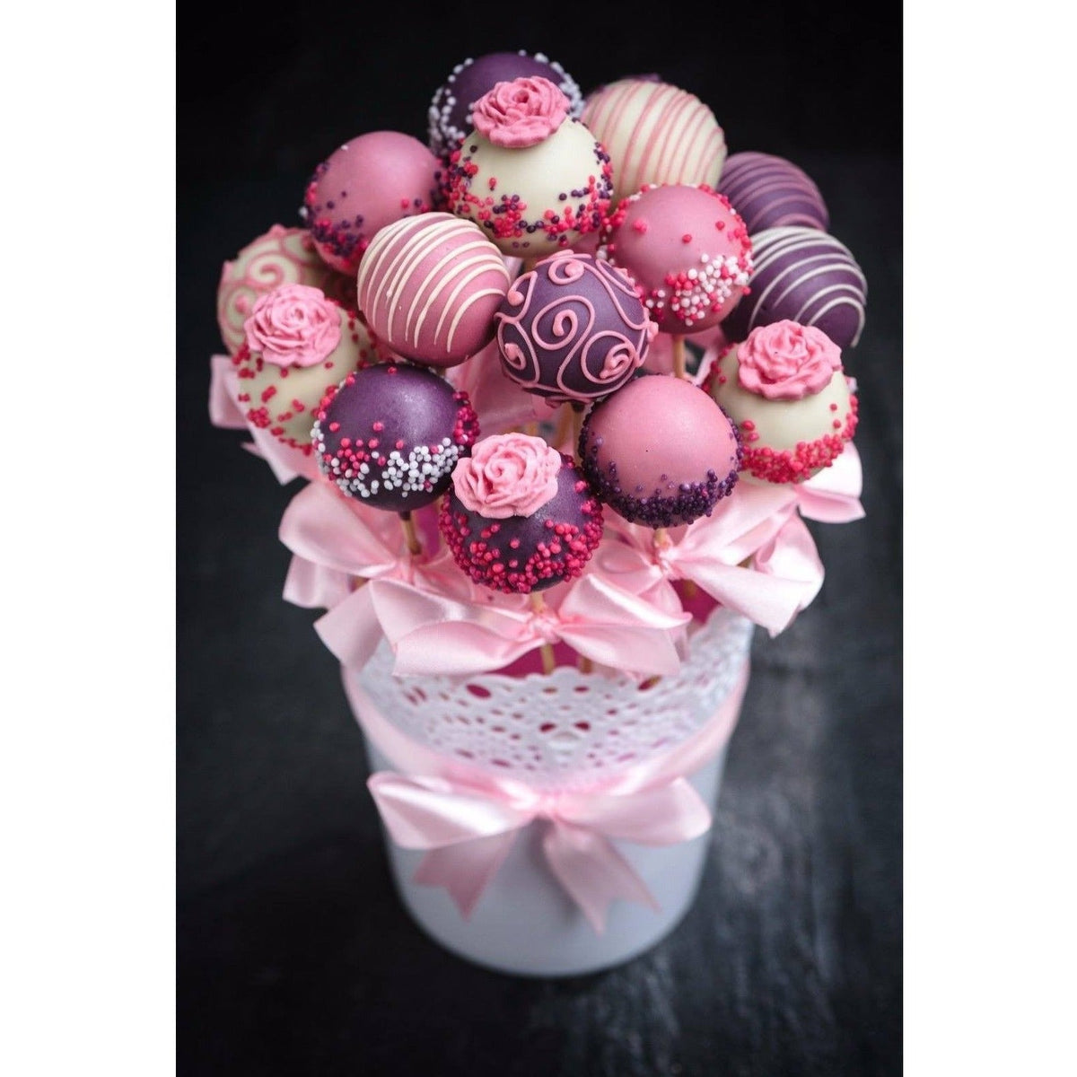 15 Delectable Handcrafted Cake Pops Gift in Lace Pot by Cake Pops Parties, perfect for Valentine's or Mother's Day.